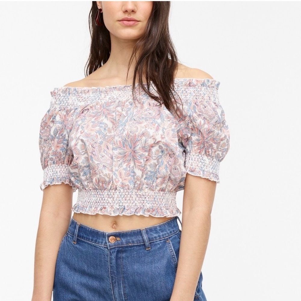 J.Crew Liberty Fabric Faraway Plum Smocked Crop Top Off Shoulder Floral L